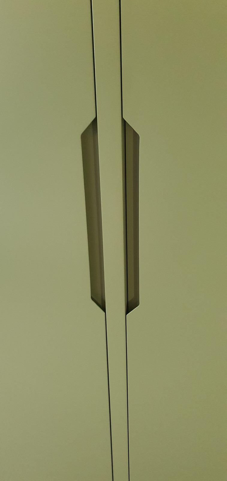 Sage green cabinet door with minimalist recessed handle