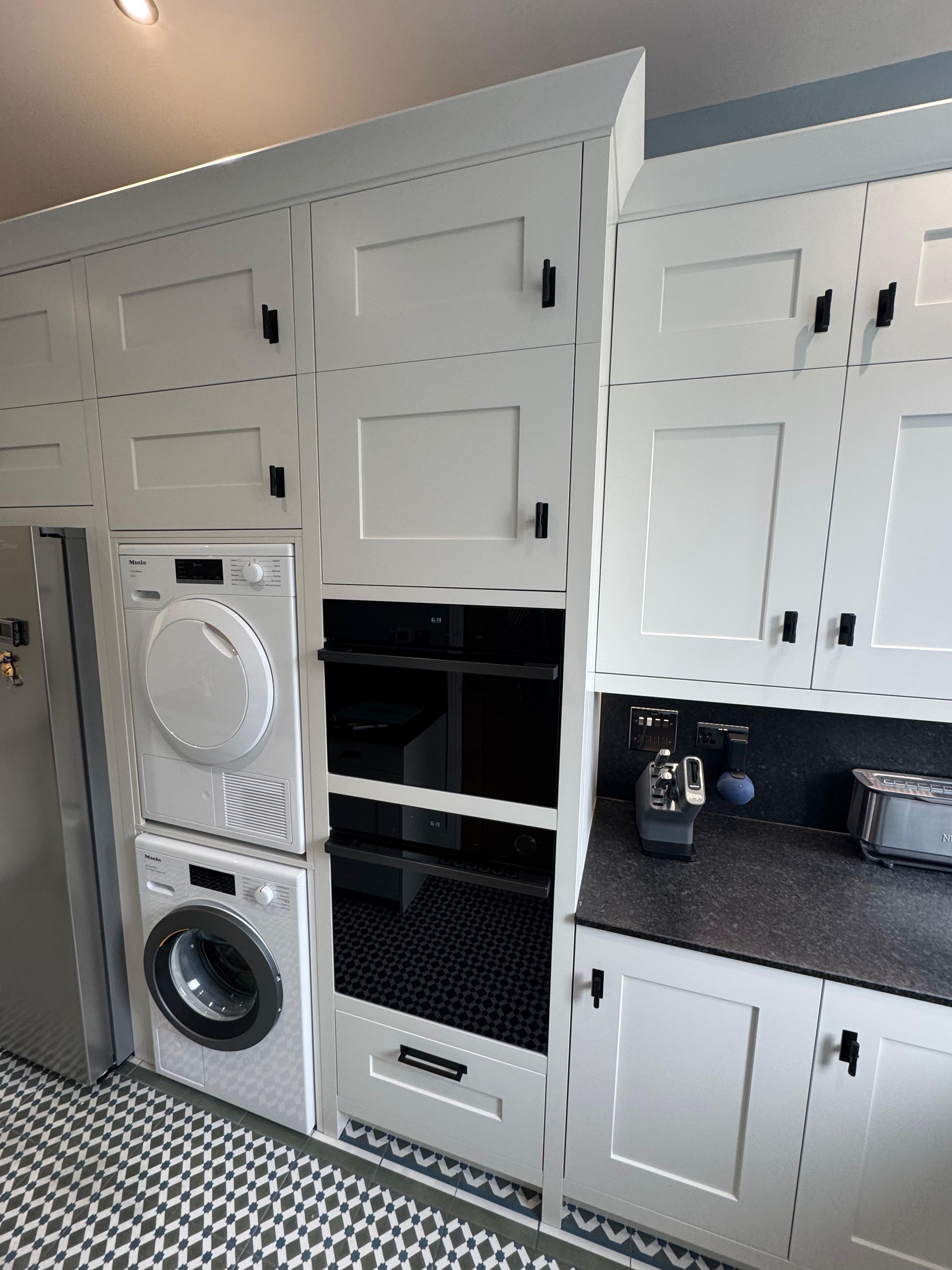 White kitchen with double ovens and integrated appliances