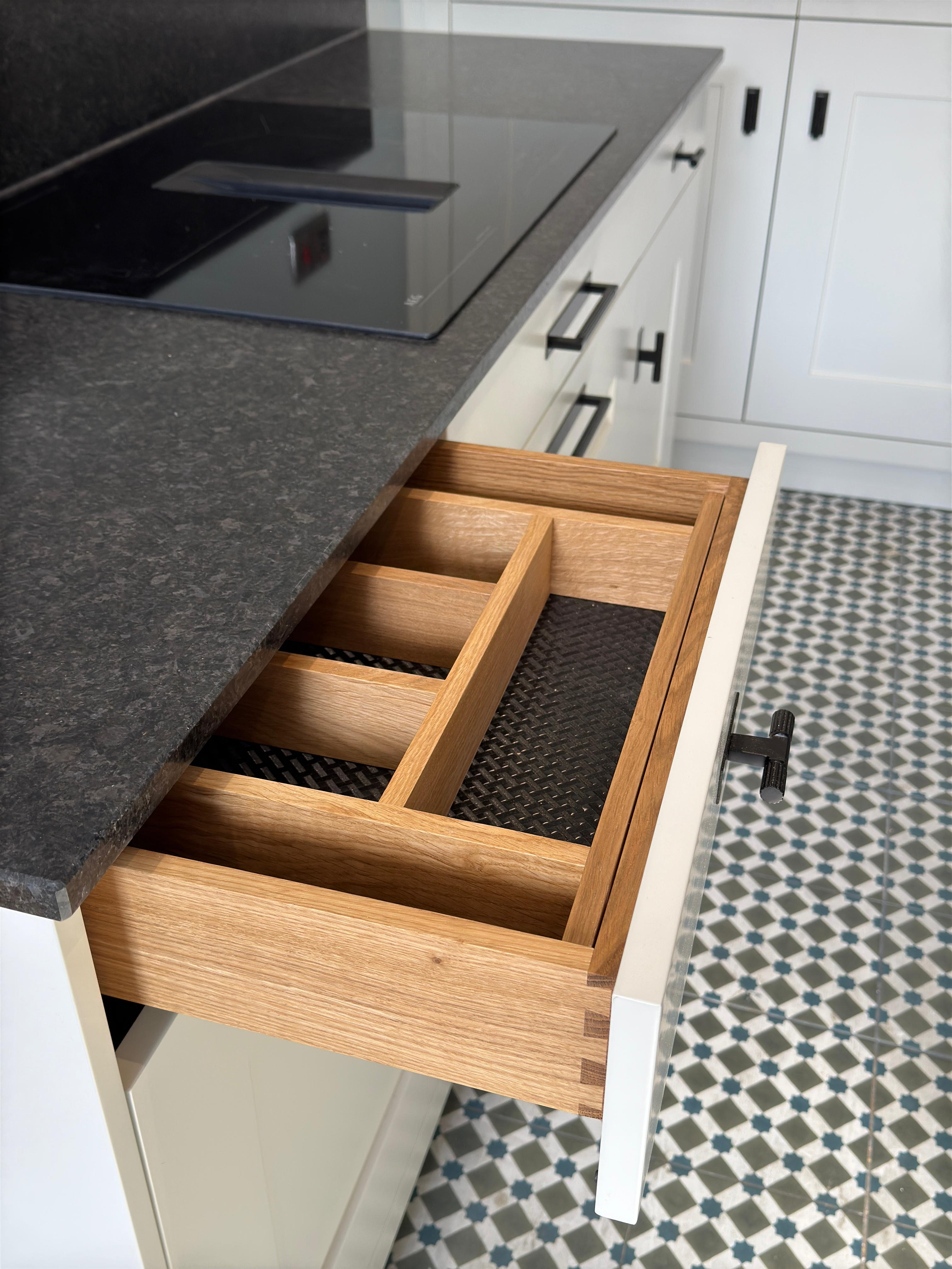 Oak drawer with dovetail joinery and dividers